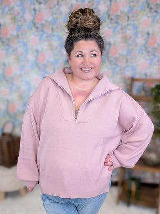 2- Long Sleeve Tops Felicity Zipper Front Sweater in Blush Mauve plus size clothing