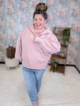 2- Long Sleeve Tops Felicity Zipper Front Sweater in Blush Mauve plus size clothing