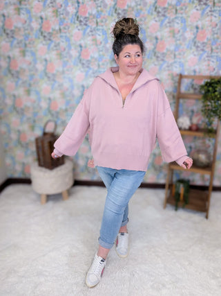 2- Long Sleeve Tops Felicity Zipper Front Sweater in Blush Mauve plus size clothing