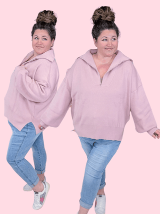 2- Long Sleeve Tops Felicity Zipper Front Sweater in Blush Mauve plus size clothing