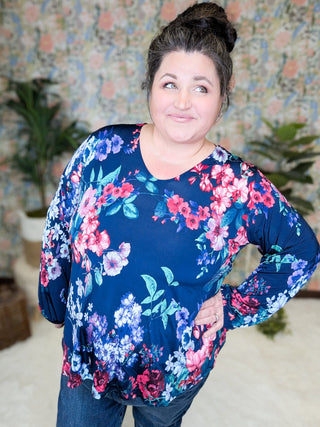Fern Floral Long Sleeve Slinky Vneck in Navy Mix-2- Long Sleeve Tops-WHITE BIRCH-Styled by Stacked - A Plus Size Women's Boutique in Lakeville, MN