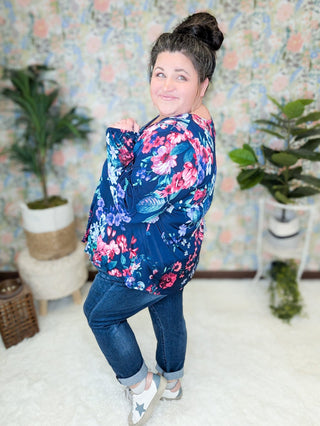 Fern Floral Long Sleeve Slinky Vneck in Navy Mix-2- Long Sleeve Tops-WHITE BIRCH-Styled by Stacked - A Plus Size Women's Boutique in Lakeville, MN