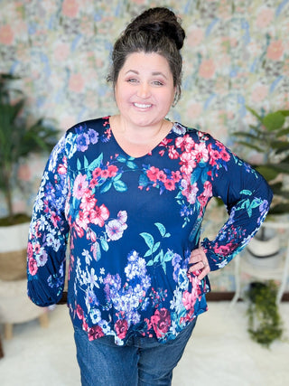 Fern Floral Long Sleeve Slinky Vneck in Navy Mix-2- Long Sleeve Tops-WHITE BIRCH-Styled by Stacked - A Plus Size Women's Boutique in Lakeville, MN