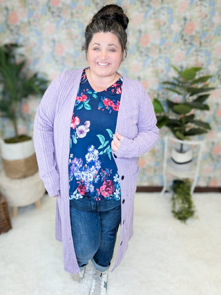 Fern Floral Long Sleeve Slinky Vneck in Navy Mix-2- Long Sleeve Tops-WHITE BIRCH-Styled by Stacked - A Plus Size Women's Boutique in Lakeville, MN