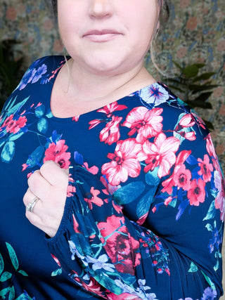Fern Floral Long Sleeve Slinky Vneck in Navy Mix-2- Long Sleeve Tops-WHITE BIRCH-Styled by Stacked - A Plus Size Women's Boutique in Lakeville, MN