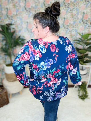 Fern Floral Long Sleeve Slinky Vneck in Navy Mix-2- Long Sleeve Tops-WHITE BIRCH-Styled by Stacked - A Plus Size Women's Boutique in Lakeville, MN