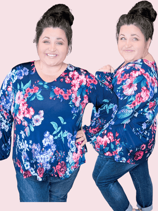 Fern Floral Long Sleeve Slinky Vneck in Navy Mix-2- Long Sleeve Tops-WHITE BIRCH-Styled by Stacked - A Plus Size Women's Boutique in Lakeville, MN
