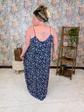 11- Dress/Romp/Jump Florence Leaf Print Maxi Dress in Navy plus size clothing