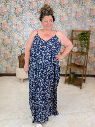 11- Dress/Romp/Jump Florence Leaf Print Maxi Dress in Navy plus size clothing