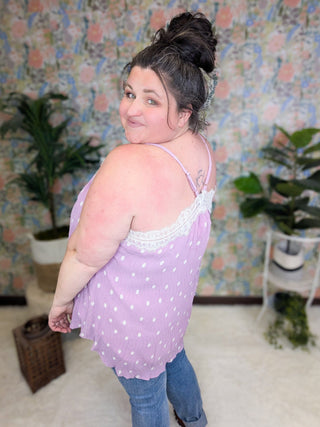 Francesca Cross Back Tank in Lavender Polka Dots-1- ShortSlv/Slvless Tops-WHITE BIRCH-Styled by Stacked - A Plus Size Women's Boutique in Lakeville, MN