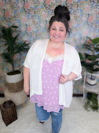 Francesca Cross Back Tank in Lavender Polka Dots-1- ShortSlv/Slvless Tops-WHITE BIRCH-Styled by Stacked - A Plus Size Women's Boutique in Lakeville, MN