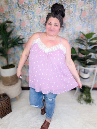 Francesca Cross Back Tank in Lavender Polka Dots-1- ShortSlv/Slvless Tops-WHITE BIRCH-Styled by Stacked - A Plus Size Women's Boutique in Lakeville, MN