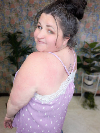Francesca Cross Back Tank in Lavender Polka Dots-1- ShortSlv/Slvless Tops-WHITE BIRCH-Styled by Stacked - A Plus Size Women's Boutique in Lakeville, MN