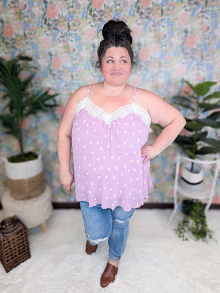 Francesca Cross Back Tank in Lavender Polka Dots-1- ShortSlv/Slvless Tops-WHITE BIRCH-Styled by Stacked - A Plus Size Women's Boutique in Lakeville, MN