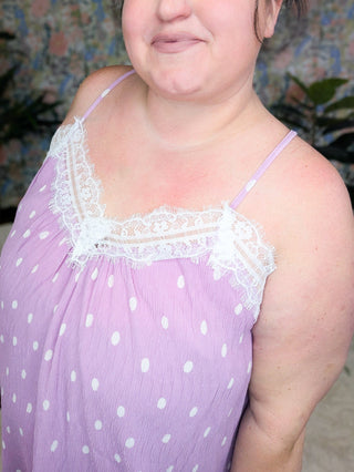 Francesca Cross Back Tank in Lavender Polka Dots-1- ShortSlv/Slvless Tops-WHITE BIRCH-Styled by Stacked - A Plus Size Women's Boutique in Lakeville, MN