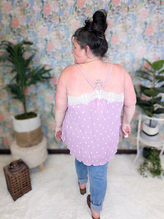 Francesca Cross Back Tank in Lavender Polka Dots-1- ShortSlv/Slvless Tops-WHITE BIRCH-Styled by Stacked - A Plus Size Women's Boutique in Lakeville, MN