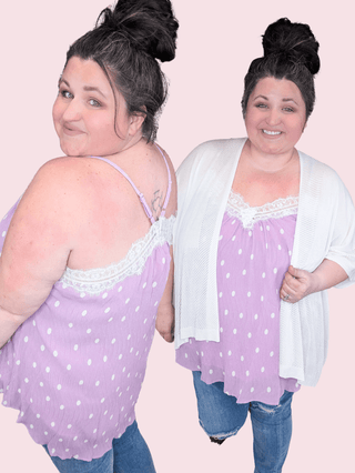 Francesca Cross Back Tank in Lavender Polka Dots-1- ShortSlv/Slvless Tops-WHITE BIRCH-Styled by Stacked - A Plus Size Women's Boutique in Lakeville, MN