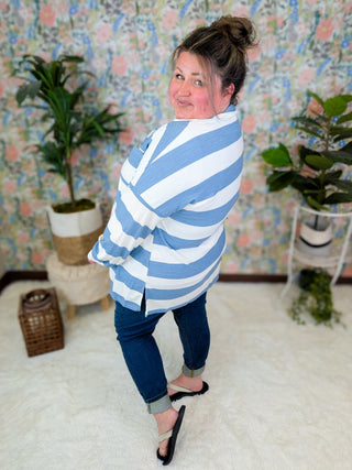 Frankie Striped Lightweight Shacket in Light Denim-4- Overlayer Tops-LOVELY MELODY-Styled by Stacked - A Plus Size Women's Boutique in Lakeville, MN