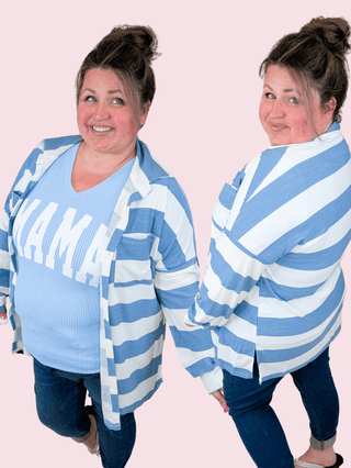 Frankie Striped Lightweight Shacket in Light Denim-4- Overlayer Tops-LOVELY MELODY-Styled by Stacked - A Plus Size Women's Boutique in Lakeville, MN