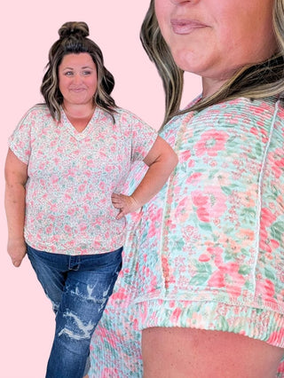 1- ShortSlv/Slvless Tops Freya Ribbed Vneck Top in Mint Floral plus size clothing