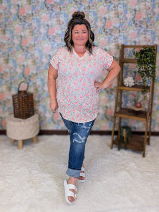 1- ShortSlv/Slvless Tops Freya Ribbed Vneck Top in Mint Floral plus size clothing
