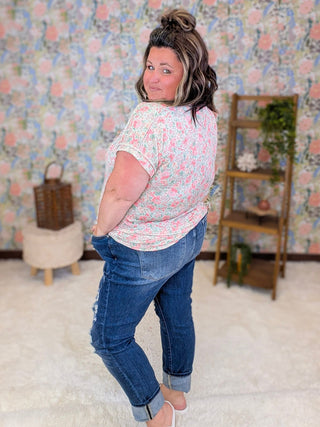 1- ShortSlv/Slvless Tops Freya Ribbed Vneck Top in Mint Floral plus size clothing