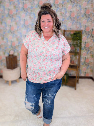 1- ShortSlv/Slvless Tops Freya Ribbed Vneck Top in Mint Floral plus size clothing