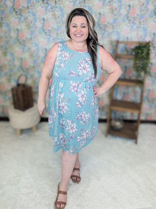 Gabrielle Babydoll Tank Dress in Aqua Floral-11- Dress/Romp/Jump-EMERALD-Styled by Stacked - A Plus Size Women's Boutique in Lakeville, MN