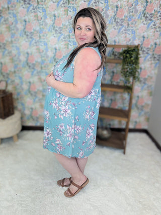 Gabrielle Babydoll Tank Dress in Aqua Floral-11- Dress/Romp/Jump-EMERALD-Styled by Stacked - A Plus Size Women's Boutique in Lakeville, MN