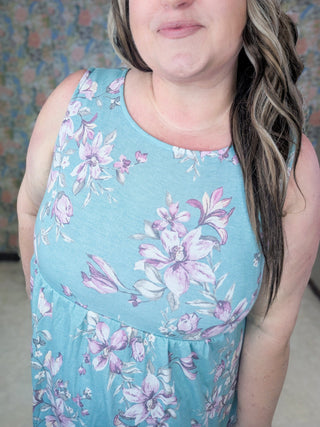Gabrielle Babydoll Tank Dress in Aqua Floral-11- Dress/Romp/Jump-EMERALD-Styled by Stacked - A Plus Size Women's Boutique in Lakeville, MN