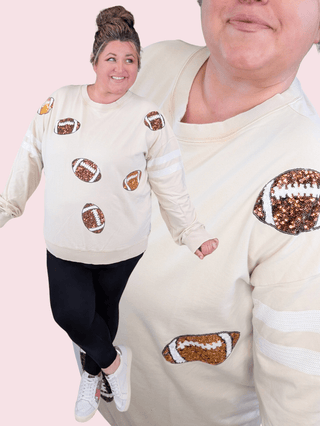 Gameday Sequin Football Pullover on Beige-2- Long Sleeve Tops-WHITE BIRCH-Styled by Stacked - A Plus Size Women's Boutique in Lakeville, MN