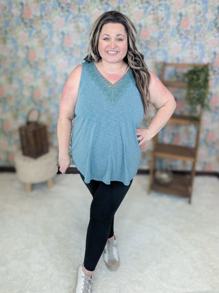 Gayle Lace Trimmed Vneck Tank in Washed Teal-1- ShortSlv/Slvless Tops-EMERALD-Styled by Stacked - A Plus Size Women's Boutique in Lakeville, MN