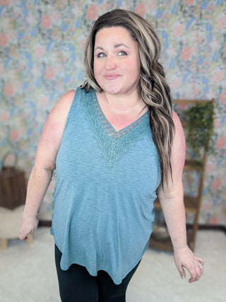 Gayle Lace Trimmed Vneck Tank in Washed Teal-1- ShortSlv/Slvless Tops-EMERALD-Styled by Stacked - A Plus Size Women's Boutique in Lakeville, MN