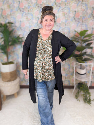 Gemma Center Cinched Babydoll Long Sleeve in Olive Floral-2- Long Sleeve Tops-BE STAGE-Styled by Stacked - A Plus Size Women's Boutique in Lakeville, MN