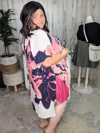 Gena Abstract Floral Print Kimono in Pink + Navy-4- Overlayer Tops-urbanista-Styled by Stacked - A Plus Size Women's Boutique in Lakeville, MN