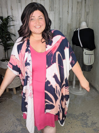 Gena Abstract Floral Print Kimono in Pink + Navy-4- Overlayer Tops-urbanista-Styled by Stacked - A Plus Size Women's Boutique in Lakeville, MN