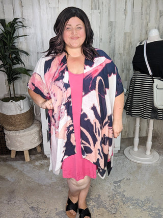 Gena Abstract Floral Print Kimono in Pink + Navy-4- Overlayer Tops-urbanista-Styled by Stacked - A Plus Size Women's Boutique in Lakeville, MN