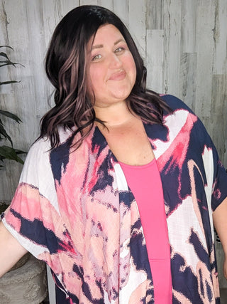 Gena Abstract Floral Print Kimono in Pink + Navy-4- Overlayer Tops-urbanista-Styled by Stacked - A Plus Size Women's Boutique in Lakeville, MN
