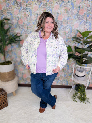 Geneva Denim Jacket in Lavender Floral-4- Overlayer Tops-LOVELY MELODY-Styled by Stacked - A Plus Size Women's Boutique in Lakeville, MN
