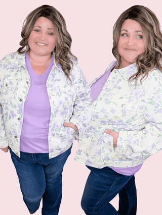 Geneva Denim Jacket in Lavender Floral-4- Overlayer Tops-LOVELY MELODY-Styled by Stacked - A Plus Size Women's Boutique in Lakeville, MN