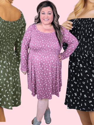 Genevieve Long Sleeve Smocked Babydoll Dress in Florals-11- Dress/Romp/Jump-WHITE BIRCH-Styled by Stacked - A Plus Size Women's Boutique in Lakeville, MN