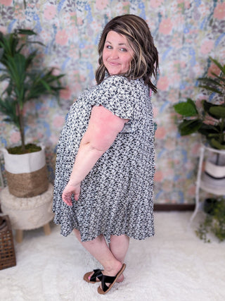 Gentry Tiered Short Sleeve Dress in Black + White Florals-11- Dress/Romp/Jump-sweet lovely by jen-Styled by Stacked - A Plus Size Women's Boutique in Lakeville, MN