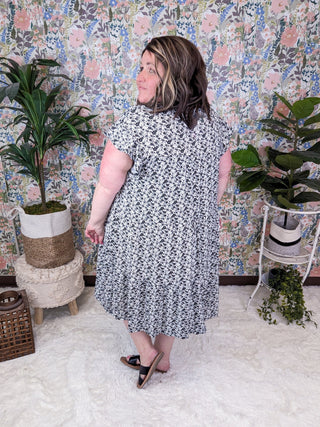 Gentry Tiered Short Sleeve Dress in Black + White Florals-11- Dress/Romp/Jump-sweet lovely by jen-Styled by Stacked - A Plus Size Women's Boutique in Lakeville, MN