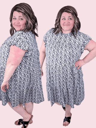Gentry Tiered Short Sleeve Dress in Black + White Florals-11- Dress/Romp/Jump-sweet lovely by jen-Styled by Stacked - A Plus Size Women's Boutique in Lakeville, MN