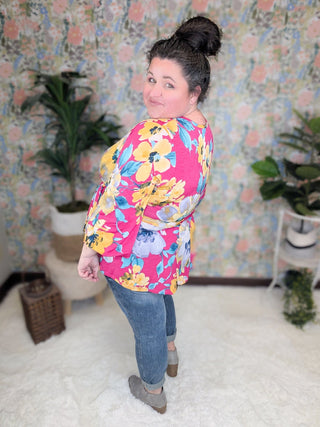 Georgia Faux Wrap Belted Top in Bold Floral on Magenta-2- Long Sleeve Tops-WHITE BIRCH-Styled by Stacked - A Plus Size Women's Boutique in Lakeville, MN