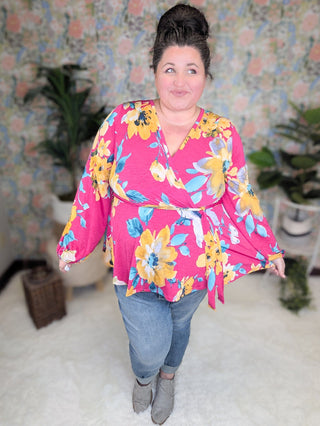 Georgia Faux Wrap Belted Top in Bold Floral on Magenta-2- Long Sleeve Tops-WHITE BIRCH-Styled by Stacked - A Plus Size Women's Boutique in Lakeville, MN