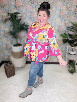 Georgia Faux Wrap Belted Top in Bold Floral on Magenta-2- Long Sleeve Tops-WHITE BIRCH-Styled by Stacked - A Plus Size Women's Boutique in Lakeville, MN
