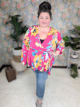Georgia Faux Wrap Belted Top in Bold Floral on Magenta-2- Long Sleeve Tops-WHITE BIRCH-Styled by Stacked - A Plus Size Women's Boutique in Lakeville, MN