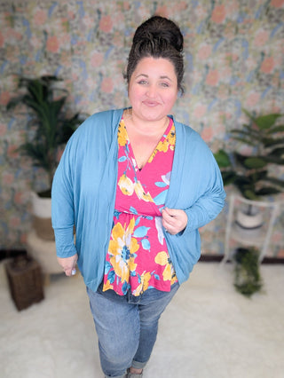 Georgia Faux Wrap Belted Top in Bold Floral on Magenta-2- Long Sleeve Tops-WHITE BIRCH-Styled by Stacked - A Plus Size Women's Boutique in Lakeville, MN