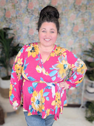 Georgia Faux Wrap Belted Top in Bold Floral on Magenta-2- Long Sleeve Tops-WHITE BIRCH-Styled by Stacked - A Plus Size Women's Boutique in Lakeville, MN